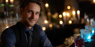 Bartender serving drinks at a cozy bar with warm candlelight during an evening photo