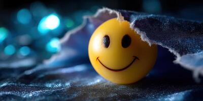 Smiling yellow ball peeks from under a torn fabric revealing a cheerful atmosphere photo