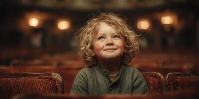 Child with curly hair watching performance in vintage theater during evening photo