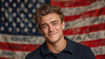 Young man smiles confidently in front of a vintage American flag during a casual indoor gathering photo