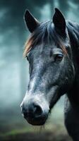 Majestic black horse gazes attentively in a misty forest during early morning light photo