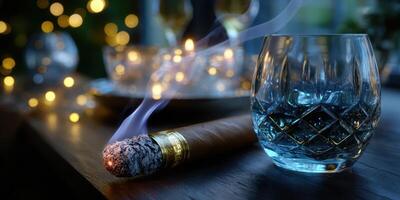 Cigar smoke mingles with whiskey on a wooden table during an evening gathering photo