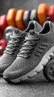 Sporty gray running shoes in a gym setting with weights and colorful dumbbells in the background photo