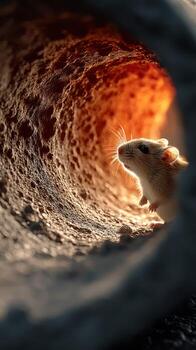 Small rodent explores dark tunnel illuminated by warm glow at dusk in a natural setting photo