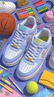 Stylish sneakers with vibrant accessories on colorful background create a lively and playful atmosphere for sports and creativity photo