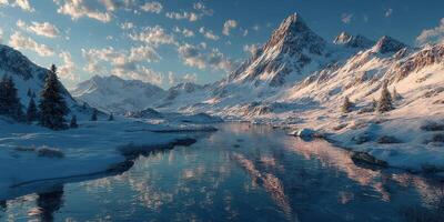 Snowy mountain landscape reflects in calm river under blue sky in serene winter scene at dawn photo