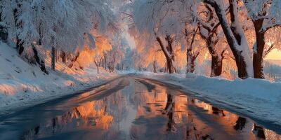 Winter landscape featuring a serene road lined with snow-covered trees at sunset reflecting warm hues photo