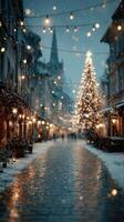 Twinkling holiday lights reflect on snowy cobblestone streets in a charming town square during Christmas evening photo