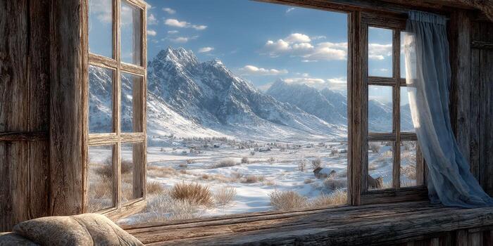 Snowy mountain view from rustic window during a clear winter day with sunlight illuminating the landscape photo