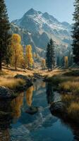 Vibrant autumn landscape with a serene river reflecting majestic mountains at sunrise photo