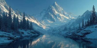 Majestic snow-capped mountains and serene river reflecting the tranquil beauty of nature in winter photo
