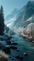 Winter landscape with snow-covered mountains and a serene river flowing through a tranquil valley at sunrise photo