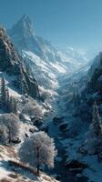Snowy mountain landscape with a flowing river and frosted trees under a clear blue sky photo
