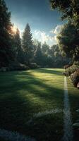 Bright morning light on a serene soccer field surrounded by lush greenery and tall trees photo