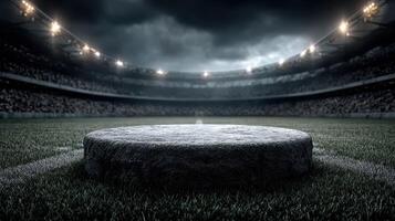 Dramatic view of an empty sports arena with a stone platform under stadium lights during a cloudy evening photo