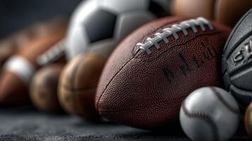 Collection of sports balls displayed together in an artistic arrangement showcasing diverse athletic equipment photo