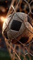 Soccer ball caught in net glistens with droplets during a sunset match in a vibrant field photo