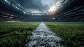 Rain-soaked football field before the start of an evening match under dramatic skies photo