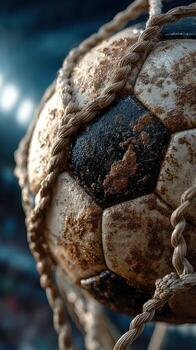 Old soccer ball covered in dirt and tied with rope found on a sports field during a cloudy day photo