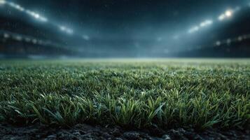 Wet grass covering a soccer field during a rainy night at a stadium with bright floodlights illuminating the atmosphere photo