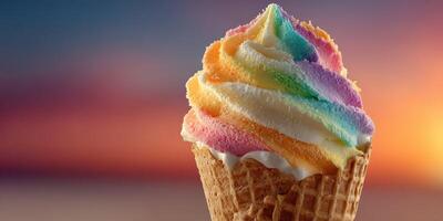 Colorful rainbow swirl ice cream cone against a vibrant sunset backdrop during warm summer evening photo