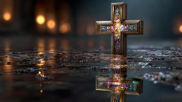 Decorative cross illuminated in a dimly lit cavern reflecting on a water surface photo