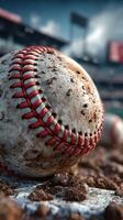 Baseball lying on muddy ground with worn leather and visible dirt in a stadium setting during a game day photo