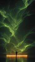 Individual stands in awe before a vibrant green display of light and swirling patterns in an immersive art installation photo