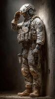 Soldier saluting in tactical gear within a dimly lit, industrial environment showcasing dedication and discipline photo