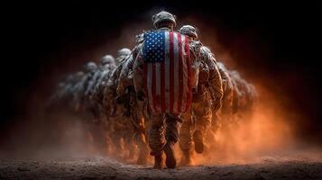 Soldiers march with determination while carrying an American flag shield during a military exercise at dusk photo
