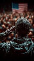 Soldier saluting during emotional tribute at a public gathering with an American flag in the background photo
