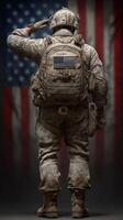 Soldier saluting in front of an American flag during a solemn moment of reflection and honor for service photo