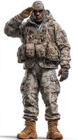 Military soldier stands at attention and salutes while wearing camouflage uniform and tactical gear during daylight photo