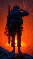 Soldier saluting with American flag at sunset during rainstorm in dramatic landscape photo