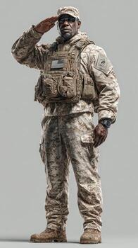 Soldier in camouflage uniform saluting with determination while standing against a neutral background photo
