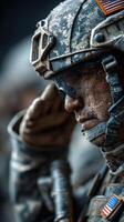 Military soldier saluting during a rainy day training exercise in a forest environment photo