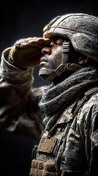 Soldier saluting with frost on uniform during winter training exercise in remote location photo