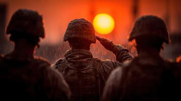 Soldiers salute at sunset during a rain-soaked ceremony in an outdoor military setting photo