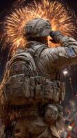 Soldier saluting under fireworks display during celebration night in a warm outdoor setting photo