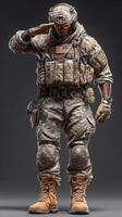 Soldier in camouflage uniform saluting with respect while standing against a plain background photo