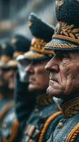 Soldiers in historical uniforms standing in formation during a solemn military ceremony in rainy weather photo