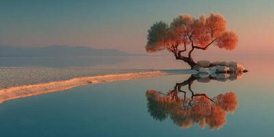 Beautiful tranquil tree reflects on calm water during sunset in a serene landscape with distant mountains photo