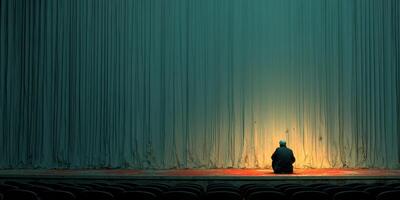 Performer reflects in solitude before a vibrant stage curtain in an empty theater during a quiet evening photo