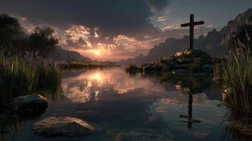 Serene sunset over a calm lake with a cross on a rocky outcrop in a tranquil landscape photo