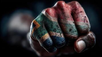 South African flag painted on fist symbolizing strength and unity during cultural celebration photo