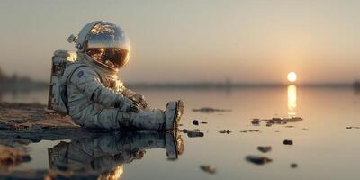 Astronaut sitting by the water at sunset reflecting on space adventures and earthly tranquility photo