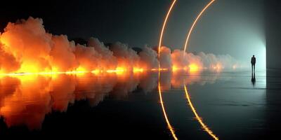 Ethereal landscape with glowing orange smoke and solitary figure at twilight photo