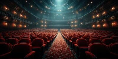 Elegant theater interior with red seats and ornate design showcasing an inviting atmosphere for performances photo