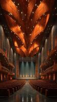 Captivating interior of a modern concert hall showcasing intricate wooden architecture and warm lighting effects photo