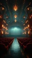 Elegant theater interior with illuminated stage and empty red velvet seats showcasing classic architecture photo
